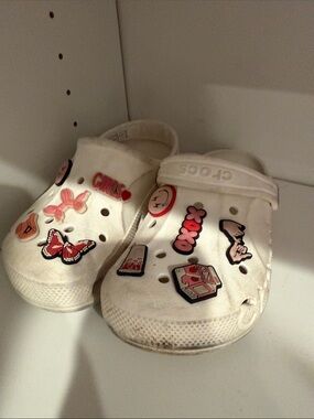 CROCS White Kids Clogs with Pink and Red Charm Accents